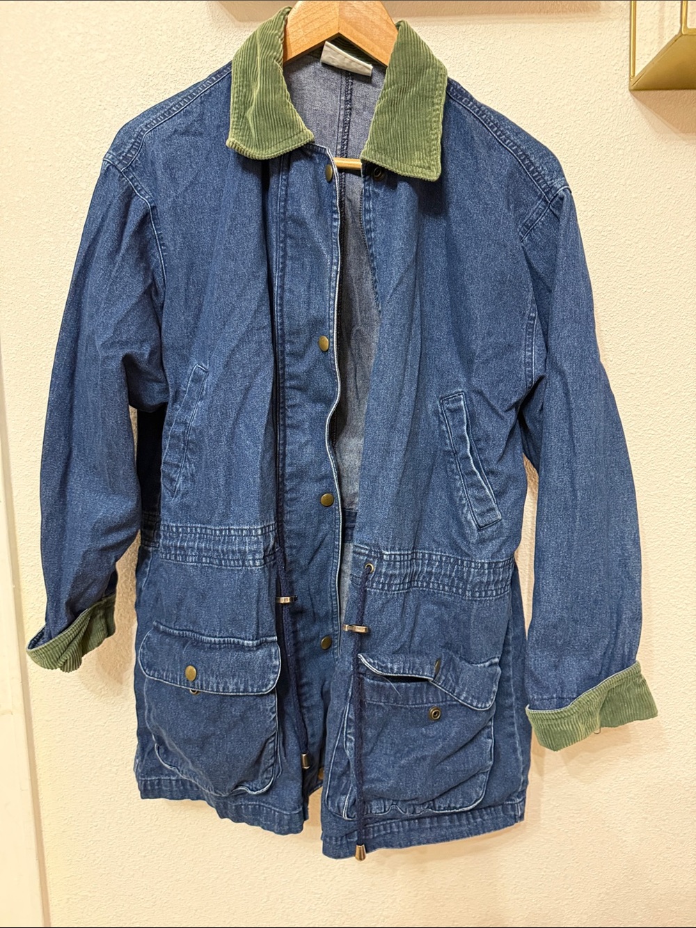 Jantzen Blue Denim Field Jacket with Green Corduroy Collar Women’s Size L